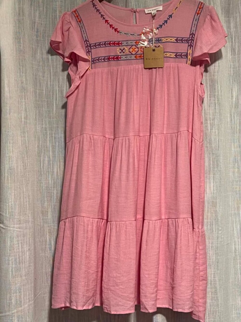 Blu Pepper Boho Tiered Dress Flutter Sleeve Embroidery Details Pink Size L
